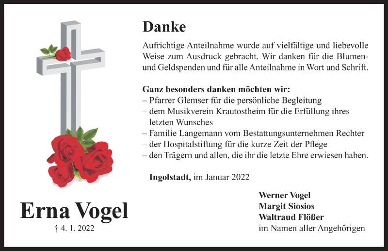  Traueranzeige für Erna Vogel vom 22.01.2022 aus Windsheimer Zeitung Lokal