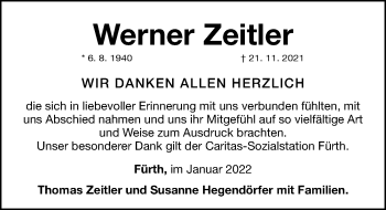 Traueranzeige von Werner Zeitler von Fürther Nachrichten Lokal