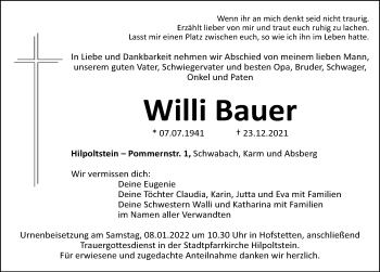 Traueranzeige von Willi Bauer von Roth-Hilpoltsteiner Volkszeitung Lokal