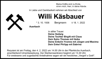 Traueranzeige von Willi Käsbauer von Nordbayerische Nachrichten Pegnitz Lokal