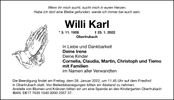 Traueranzeige von Willi Karl von Nordbayerische Nachrichten Forchheim Lokal