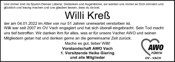 Traueranzeige von Willi Kreß von Fürther Nachrichten Lokal