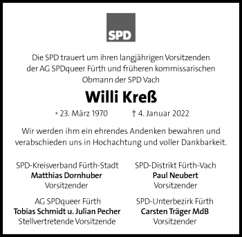 Traueranzeige von Willi Kreß von Fürther Nachrichten Lokal