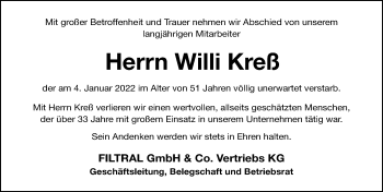 Traueranzeige von Willi Kreß von Fürther Nachrichten Lokal
