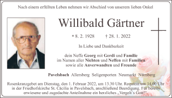 Traueranzeige von Willibald Gärtner von Roth-Hilpoltsteiner Volkszeitung Lokal