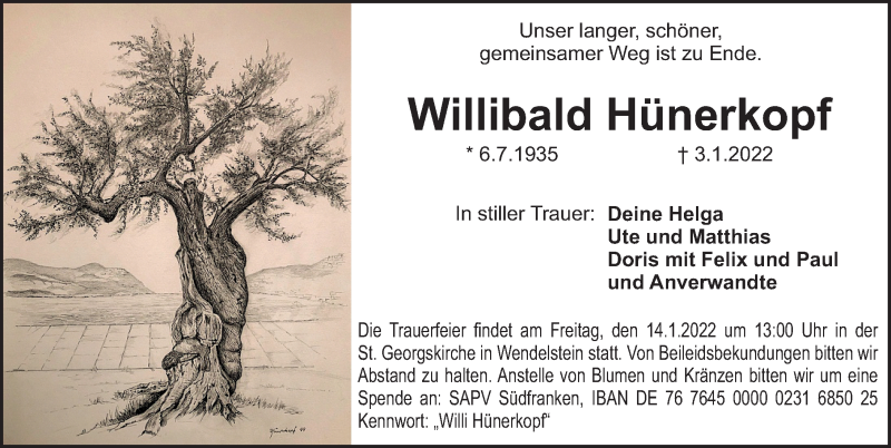 Traueranzeige für Willibald Hünerkopf vom 08.01.2022 aus Gesamtausgabe Nürnberger Nachrichten/ Nürnberger Ztg.