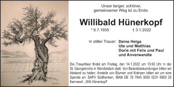 Traueranzeige von Willibald Hünerkopf von Gesamtausgabe Nürnberger Nachrichten/ Nürnberger Ztg.