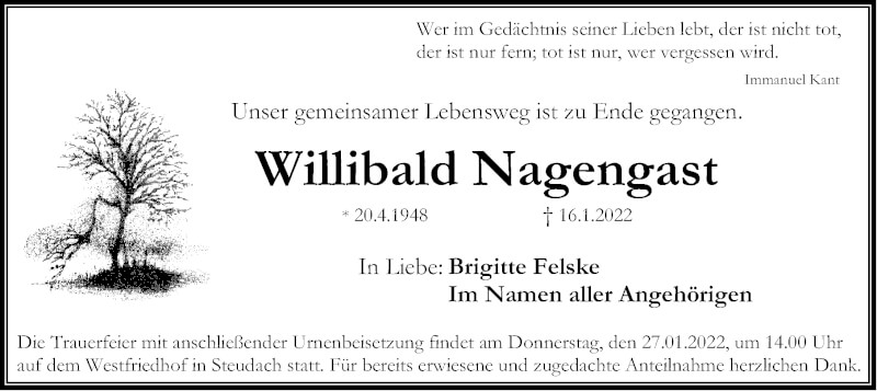  Traueranzeige für Willibald Nagengast vom 24.01.2022 aus Erlanger Nachrichten Lokal
