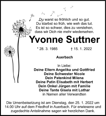 Traueranzeige von Yvonne Suttner von Nordbayerische Nachrichten Pegnitz Lokal