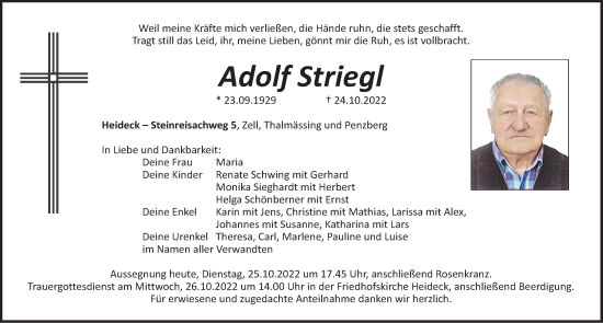 Traueranzeige von Adolf Striegl von Roth-Hilpoltsteiner Volkszeitung Lokal