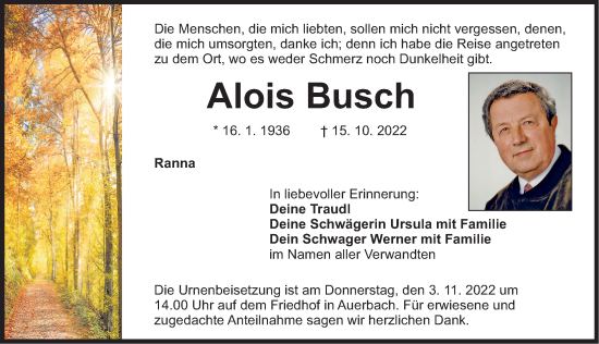 Traueranzeige von Alois Busch von Nordbayerische Nachrichten Pegnitz Lokal