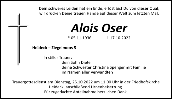 Traueranzeige von Alois Oser von Roth-Hilpoltsteiner Volkszeitung Lokal