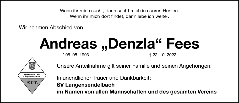  Traueranzeige für Andreas Fees vom 29.10.2022 aus Nordbayerische Nachrichten Forchheim Lokal