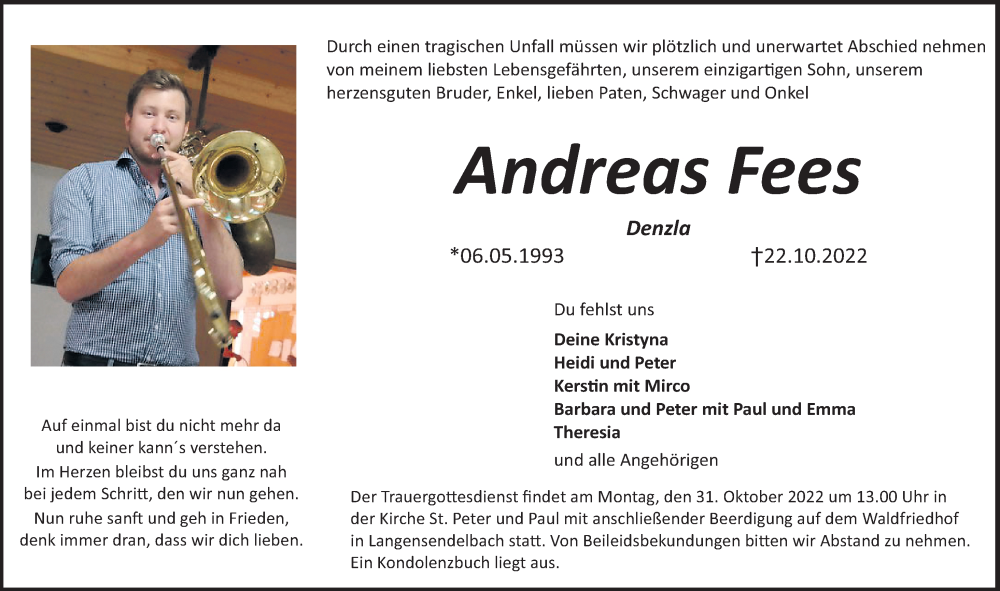  Traueranzeige für Andreas Fees vom 29.10.2022 aus Erlanger Nachrichten Lokal