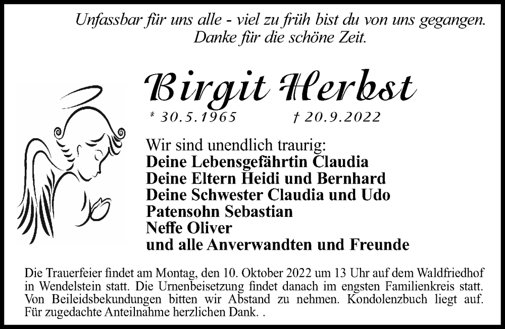  Traueranzeige für Birgit Herbst vom 05.10.2022 aus Schwabacher Tagblatt Lokal