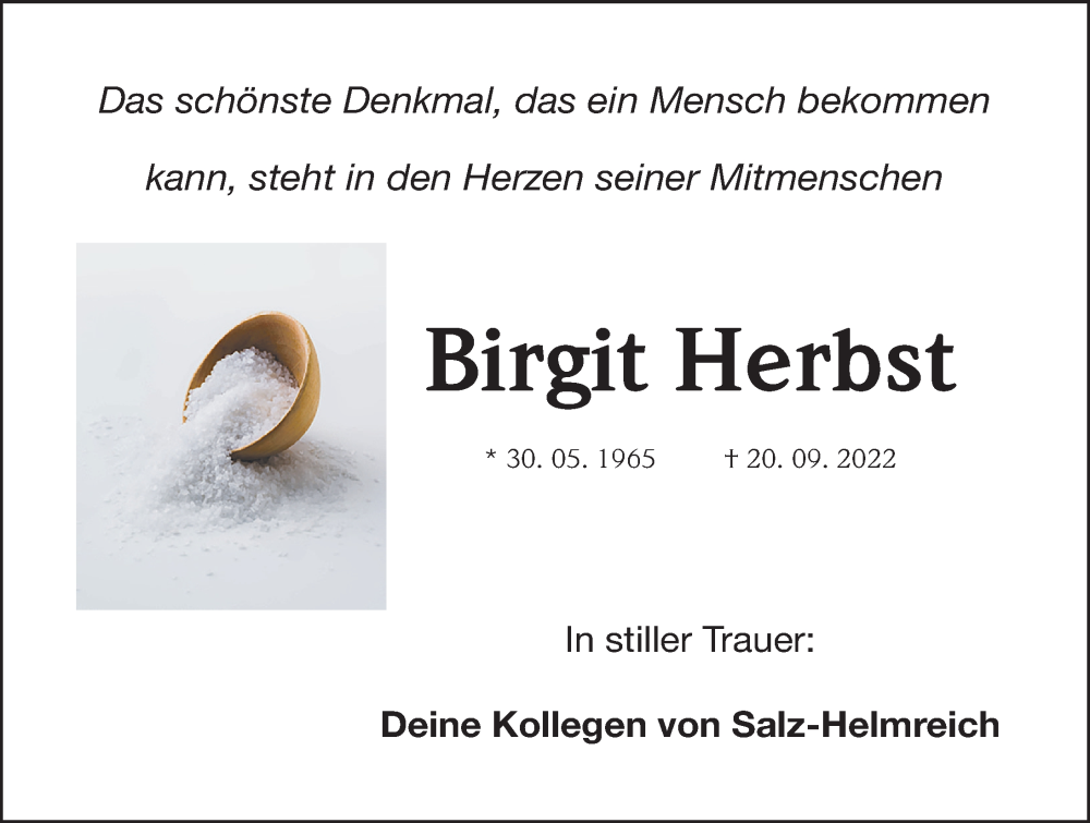  Traueranzeige für Birgit Herbst vom 15.10.2022 aus Gesamtausgabe Nürnberger Nachrichten/ Nürnberger Ztg.