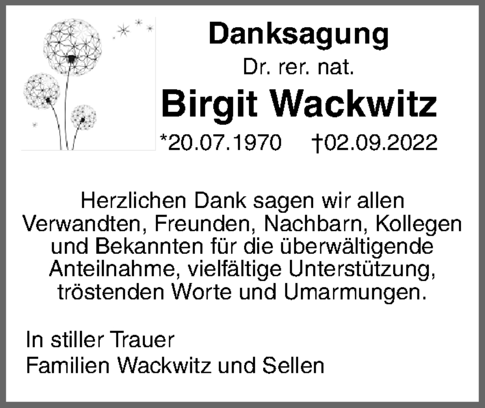  Traueranzeige für Birgit Wackwitz vom 19.10.2022 aus Gesamtausgabe Nürnberger Nachrichten/ Nürnberger Ztg.