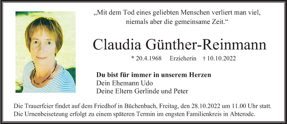  Traueranzeige für Claudia Günther-Reinmann vom 25.10.2022 aus Erlanger Nachrichten Lokal