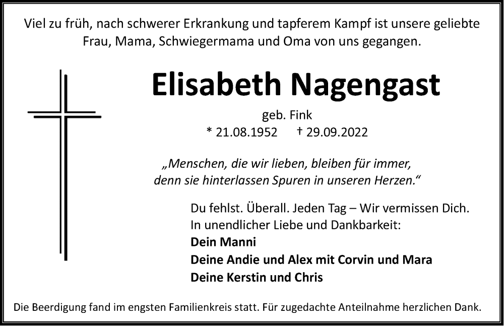  Traueranzeige für Elisabeth Nagengast vom 08.10.2022 aus Erlanger Nachrichten Lokal