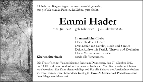 Traueranzeige von Emmi Hader von Hersbrucker Zeitung Lokal