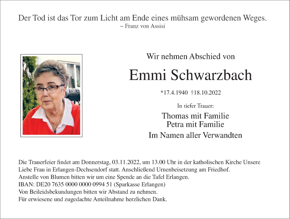  Traueranzeige für Emmi Schwarzbach vom 31.10.2022 aus Erlanger Nachrichten Lokal