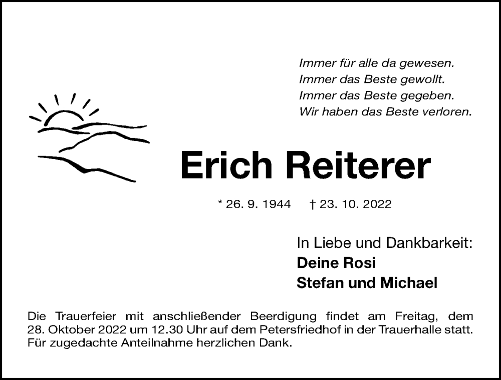  Traueranzeige für Erich Reiterer vom 26.10.2022 aus Gesamtausgabe Nürnberger Nachrichten/ Nürnberger Ztg.