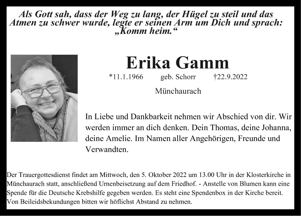  Traueranzeige für Erika Gamm vom 01.10.2022 aus Nordbayerische Nachrichten Herzogenaurach Lokal