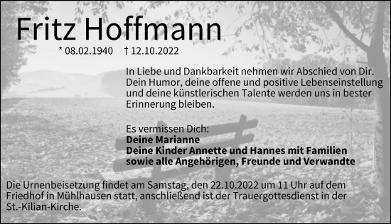 Traueranzeige von Fritz Hoffmann von Erlanger Nachrichten Lokal