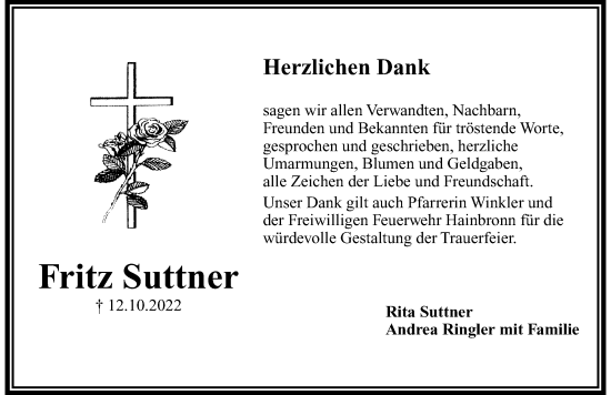 Traueranzeige von Fritz Suttner von Nordbayerische Nachrichten Pegnitz Lokal