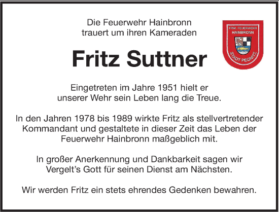 Traueranzeige von Fritz Suttner von Nordbayerische Nachrichten Pegnitz Lokal