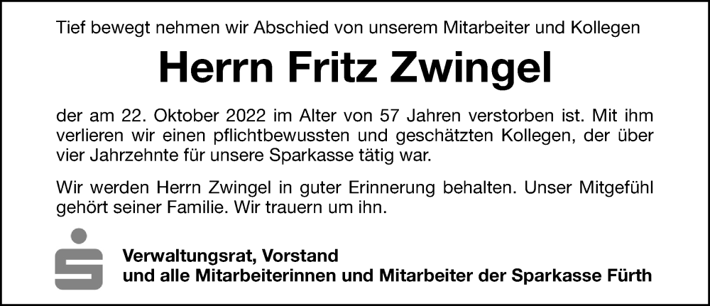  Traueranzeige für Fritz Zwingel vom 26.10.2022 aus Fürther Nachrichten Lokal