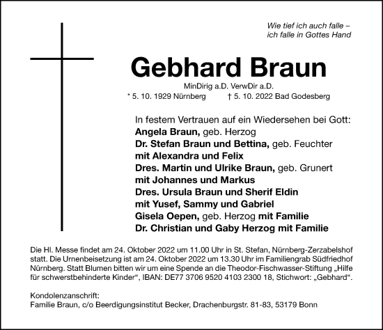 Traueranzeige von Gebhard Braun von Gesamtausgabe Nürnberger Nachrichten/ Nürnberger Ztg.