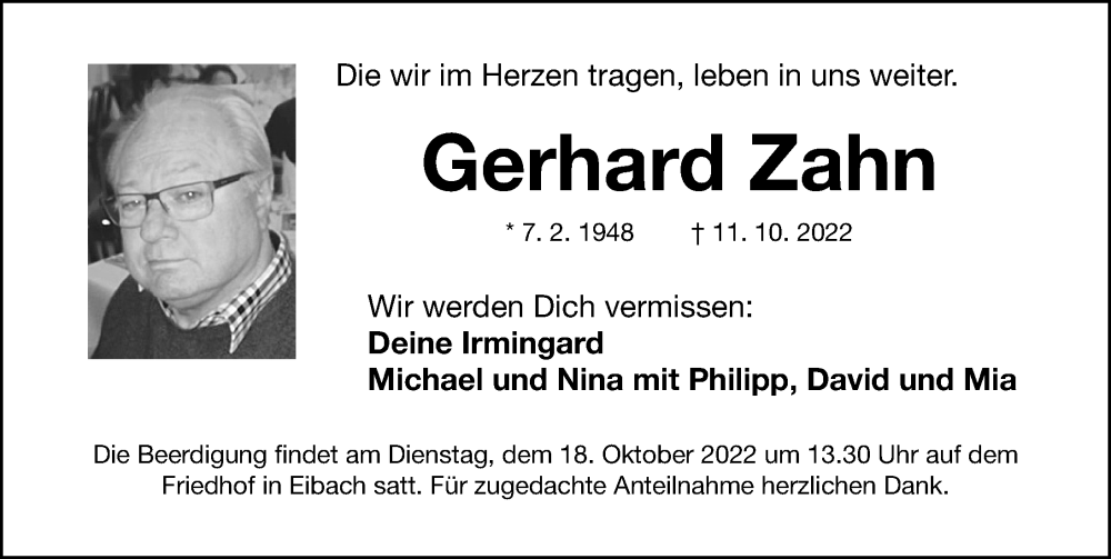 Traueranzeige für Gerhard Zahn vom 15.10.2022 aus Gesamtausgabe Nürnberger Nachrichten/ Nürnberger Ztg.