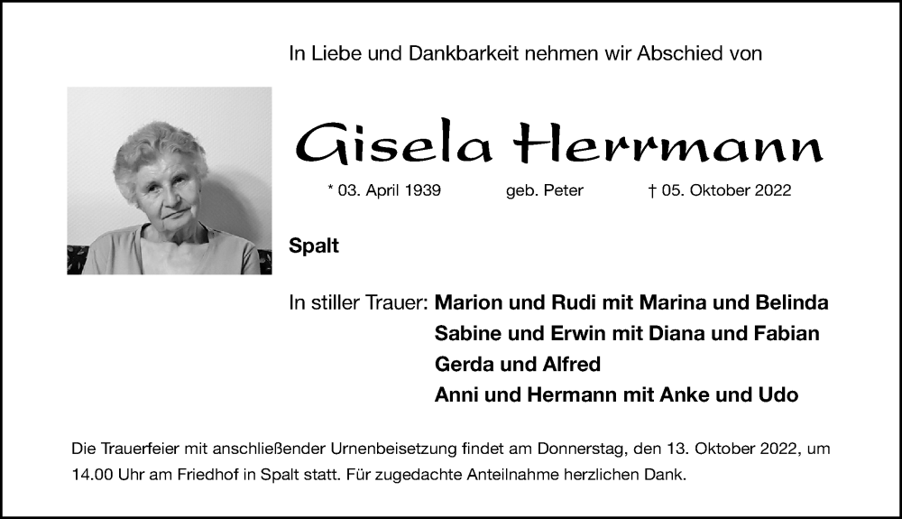 Traueranzeigen von Gisela Herrmann | trauer.nn.de