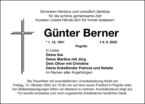 Traueranzeige von Günter Berner von Nordbayerische Nachrichten Pegnitz Lokal