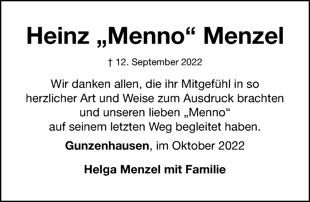  Traueranzeige für Heinz Menzel vom 08.10.2022 aus Altmühl-Bote Lokal