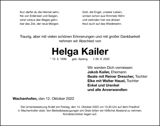 Traueranzeige von Helga Kailer von Altmühl-Bote Lokal