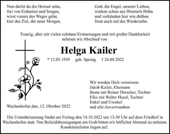 Traueranzeige von Helga Kailer von Altmühl-Bote Lokal