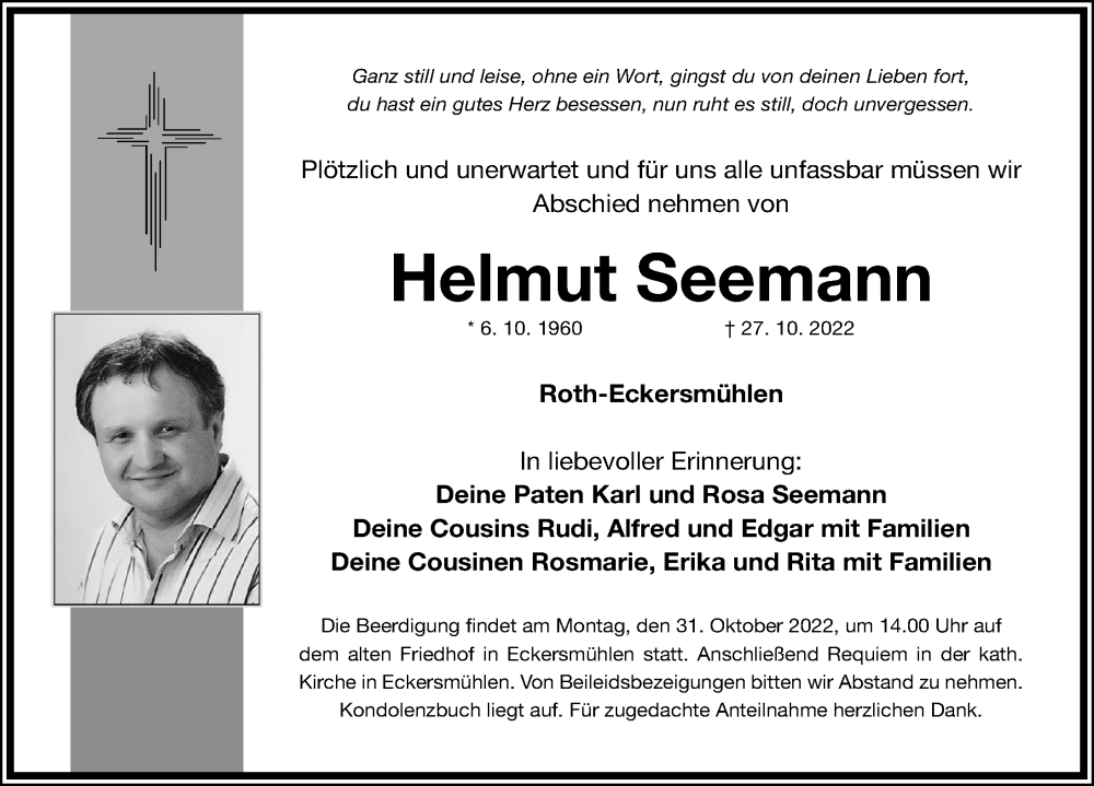  Traueranzeige für Helmut Seemann vom 29.10.2022 aus Roth-Hilpoltsteiner Volkszeitung Lokal