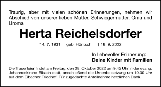 Traueranzeige von Herta Reichelsdorfer von Gesamtausgabe Nürnberger Nachrichten/ Nürnberger Ztg.