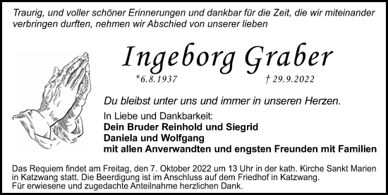 Traueranzeige von Ingeborg Graber von Schwabacher Tagblatt Lokal