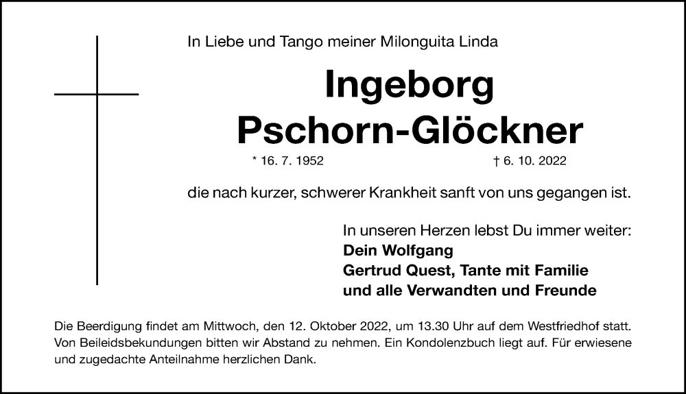  Traueranzeige für Ingeborg Pschorn-Glöckner vom 08.10.2022 aus Gesamtausgabe Nürnberger Nachrichten/ Nürnberger Ztg.