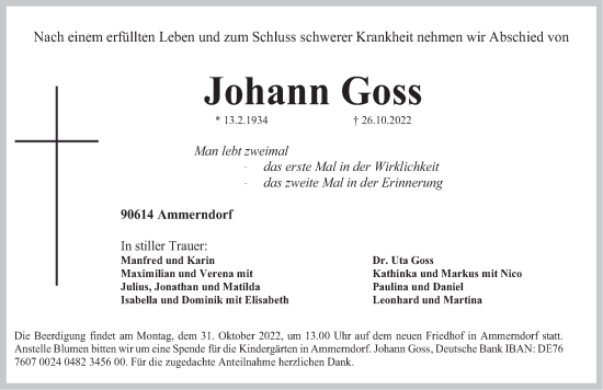 Traueranzeige von Johann Goss von Gesamtausgabe Nürnberger Nachrichten/ Nürnberger Ztg.