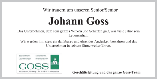 Traueranzeige von Johann Goss von Gesamtausgabe Nürnberger Nachrichten/ Nürnberger Ztg.