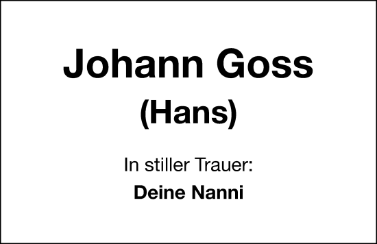 Traueranzeige von Johann Goss von Gesamtausgabe Nürnberger Nachrichten/ Nürnberger Ztg.