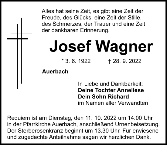 Traueranzeige von Josef Wagner von Nordbayerische Nachrichten Pegnitz Lokal