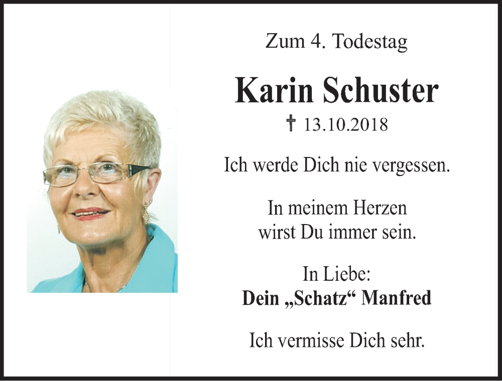  Traueranzeige für Karin Schuster vom 13.10.2022 aus Erlanger Nachrichten Lokal