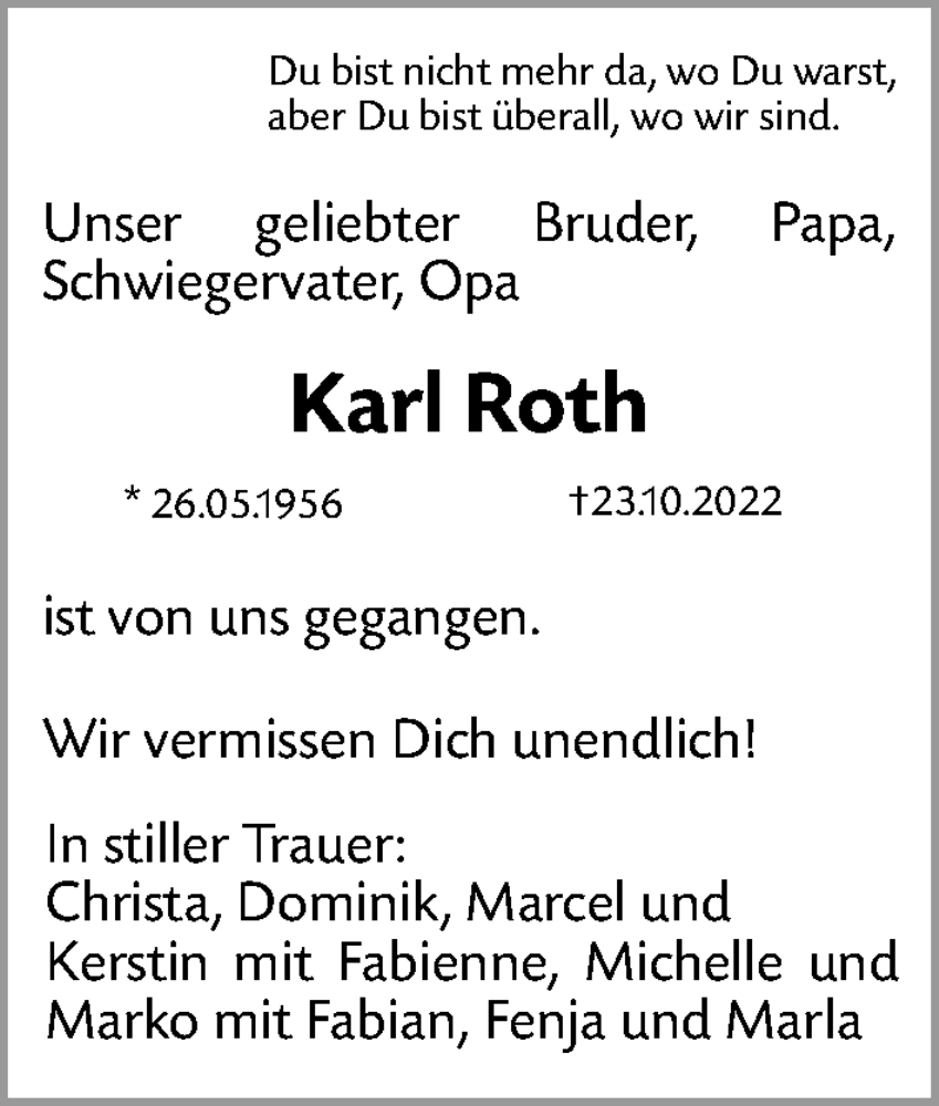  Traueranzeige für Karl Roth vom 26.10.2022 aus Gesamtausgabe Nürnberger Nachrichten/ Nürnberger Ztg.