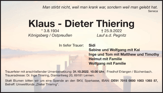 Traueranzeige von Klaus-Dieter Thiering von Gesamtausgabe Nürnberger Nachrichten/ Nürnberger Ztg./ Erlanger Nachrichten