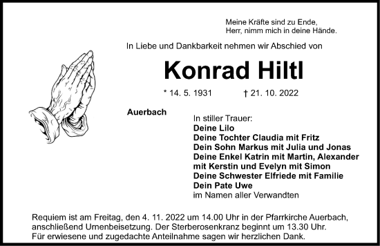 Traueranzeige von Konrad Hiltl von Nordbayerische Nachrichten Pegnitz Lokal